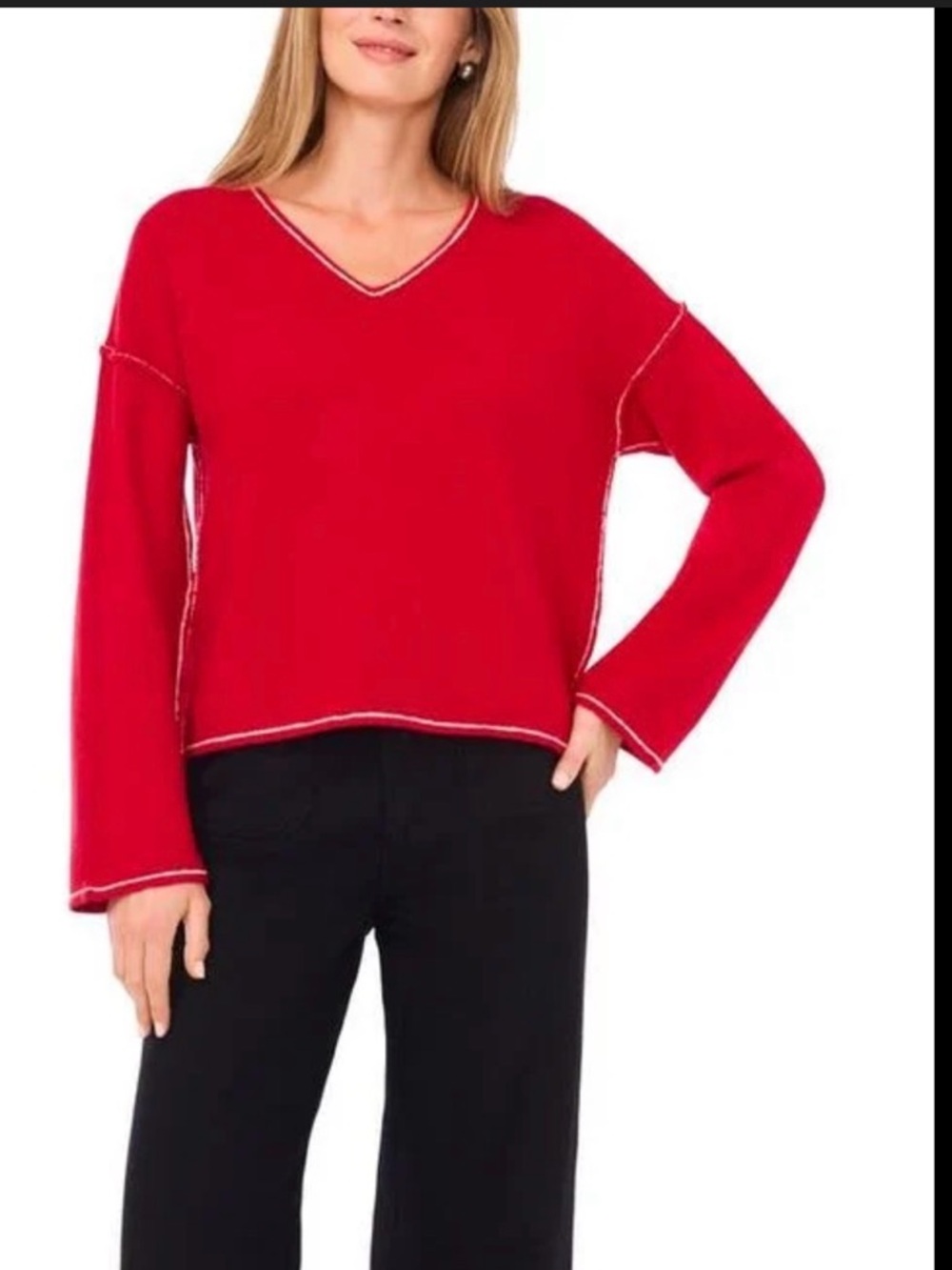 Vince Camuto Bright Red V-Neck Sweater with Contrast Stitch